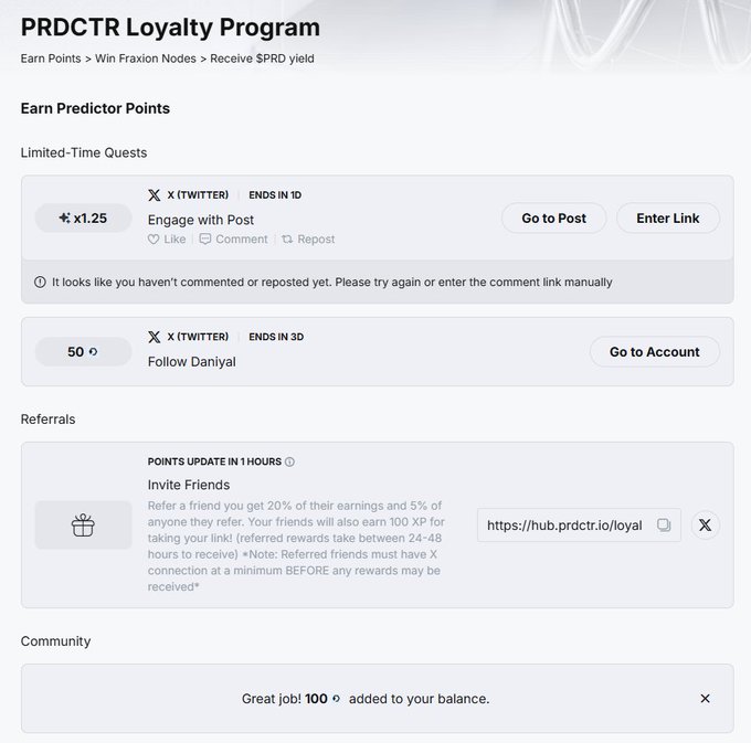 A screenshot of the 'PRDCTR Loyalty Program' page showing limited-time quests on X (Twitter) for earning Predictor Points and a referrals section.