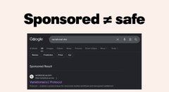 Observing this page correctly is crucial, as mistakenly clicking on advertisements can lead to significant financial loss, as highlighted in the social user post of losing $63. The image presents a webpage with the headline "sponsored ≠ safe," emphasizing that sponsored links are not inherently secure. The accompanying post details a specific incident where a single letter typo in a web address ("varational" instead of "variational") led to a security breach. This image serves as a visual aid to the post's cautionary tale, illustrating how carefully crafted sponsored links can trick users into visiting compromised sites, leading to unforeseen financial implications.