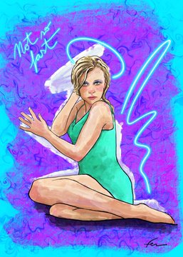 A vibrant digital illustration of a blonde woman in a green dress posing dynamically against a purple background, signed by artist Mitch O'Connell.