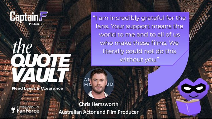 A purple speech bubble from "The Quote Vault" podcast features a quote from actor Chris Hemsworth, accompanied by a cartoon character and the podcast's logo.