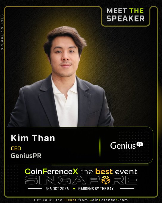 Promotional graphic for CoinFerenceX Singapore (5-6 Oct 2026, Gardens by the Bay) featuring Kim Than, CEO of GeniusPR, in the "Meet The Speaker" speaker series.