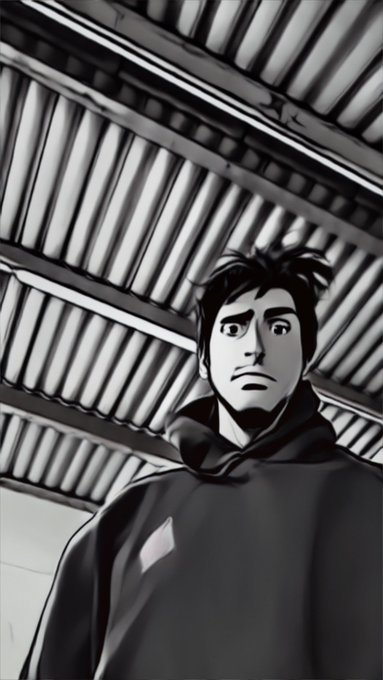 Black and white comic-style illustration of a young man with messy dark hair wearing a hoodie, looking concerned beneath an industrial ceiling.