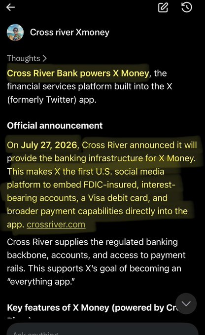A dark-mode article page titled "Cross river Xmoney" highlights that Cross River Bank provides the banking infrastructure for X Money, the financial services platform built into the X (formerly Twitter) app, with key features including FDIC-insured, interest-bearing accounts and a Visa debit card. The announcement aligns with the accompanying post celebrating Cross River Bank's role in powering XMoney, alongside tags #XMONEY #XRP #Ripple.