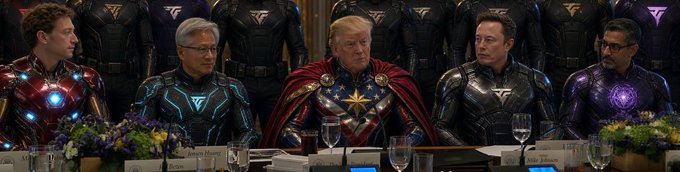 The image depicts five men seated at a conference table in superhero-style suits with arc reactor chest designs, resembling a parody of a corporate or world leader gathering with a Marvel Avengers theme. The accompanying post about "$SI" (likely a ticker symbol) and "500m" appears unrelated to the visual content, suggesting the meme uses this dramatic, powerful-looking scene as commentary on market performance or financial moves.