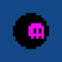 A pixel art image displays a pink skull icon centered within a black, jagged circular shape against a solid blue background.