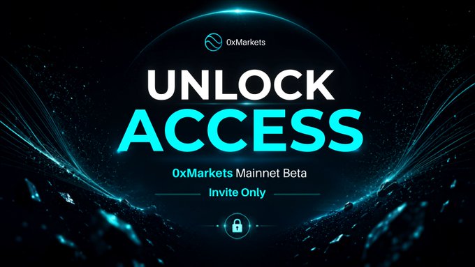 A promotional graphic with the text 'OxMarkets', 'UNLOCK ACCESS', 'OxMarkets Mainnet Beta', and 'Invite Only' against a dark cosmic background.