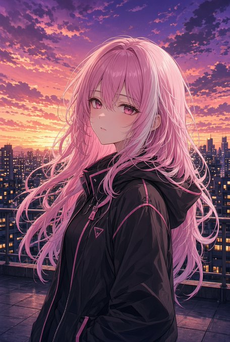 An anime-style illustration features a girl with long pink hair wearing a black jacket with pink trim, standing against a vibrant sunset cityscape.