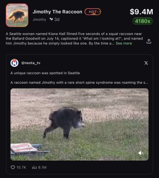 The image shows a Pumpfun token page for "Jimothy The Raccoon," which surged 4180x to a $9.4M market cap on Solana after a rare-spined raccoon was filmed near Seattle's Ballard Goodwill on July 14. The embedded viral @nexta_tv clip of the "unique raccoon" directly fueled the token's narrative-driven rally.