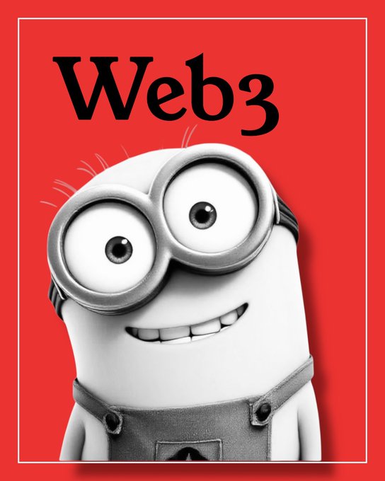 A Minion character wearing goggles and overalls on a red background with the text 'Web3' displayed at the top.