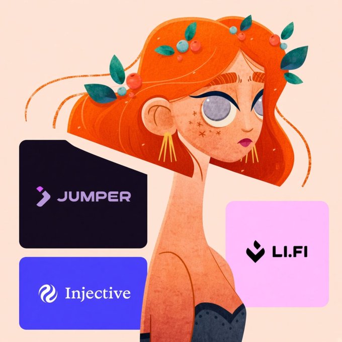 Illustrated portrait of a red-haired woman with botanical headpiece and star face markings, surrounded by logos for JUMPER, Injective, and LI.FI.