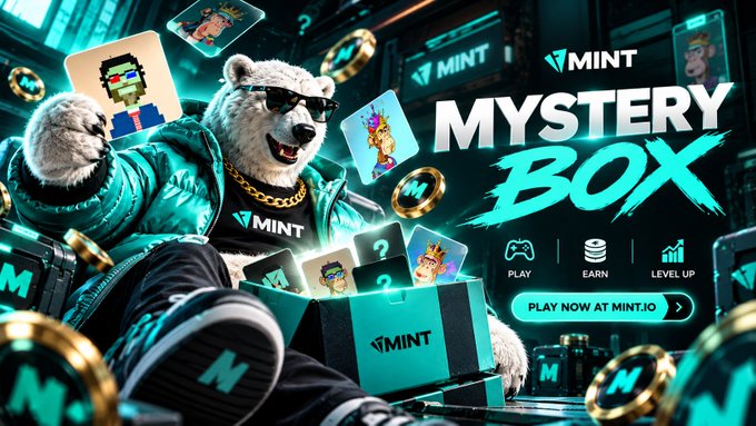 An advertisement for MINT.io's 'MYSTERY BOX' promotion features a bear character in sunglasses and a puffy jacket surrounded by NFT cards and gold coins, with the tagline 'PLAY, EARN, LEVEL UP' and a call to action to play at mint.io.
