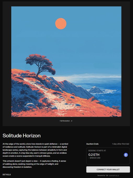A NFT marketplace listing on Manifold for 'Solitude Horizon,' showing a minimalist digital landscape with a lone tree on a red cliff under an orange sun, with a current bid of 0.2 ETH.
