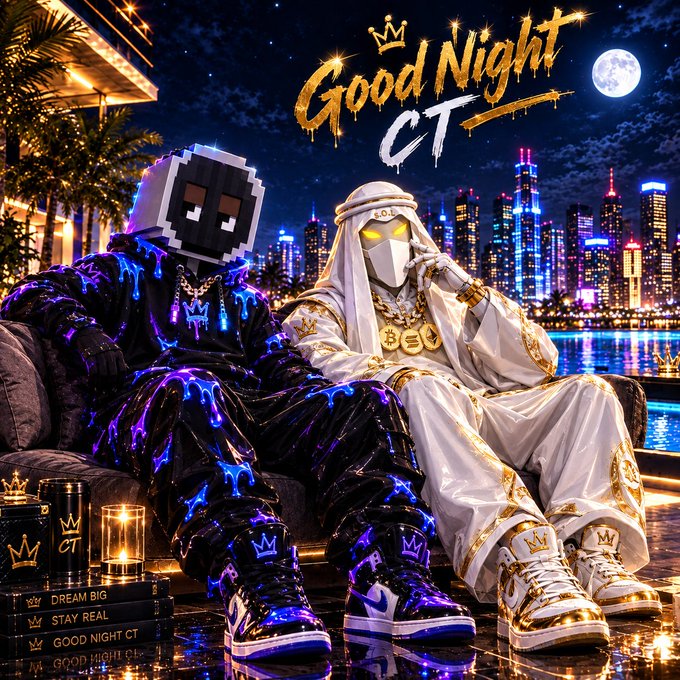 An elaborate digital artwork titled 'Good Night CT' depicts two stylized figures—one in pixelated black and the other in white robes with gold chains and glowing eyes—seated on a couch against a vibrant nighttime city skyline.