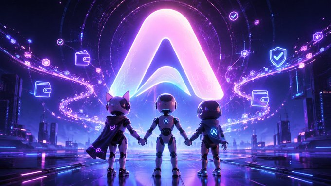 Three astronaut-like characters holding hands stand before a glowing pink and purple arch symbol in a futuristic city setting with floating digital icons.