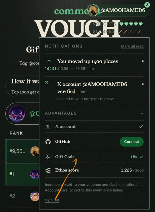 A screenshot of an Ethnography platform page showing notifications for user @AMOOHAMED6, including 'X account verified' and ranking movement to #9,561, with various verification advantages listed.