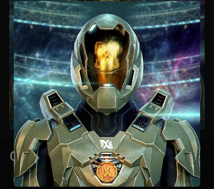 A futuristic astronaut in a metallic green and gold suit with a glowing 'XI' visor stands against a cosmic backdrop.