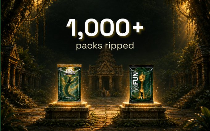 A promotional graphic reading '1,000+ packs ripped' featuring two trading card packs ('Time Runners' and 'FUN') displayed on glowing pedestals in a jungle temple setting.