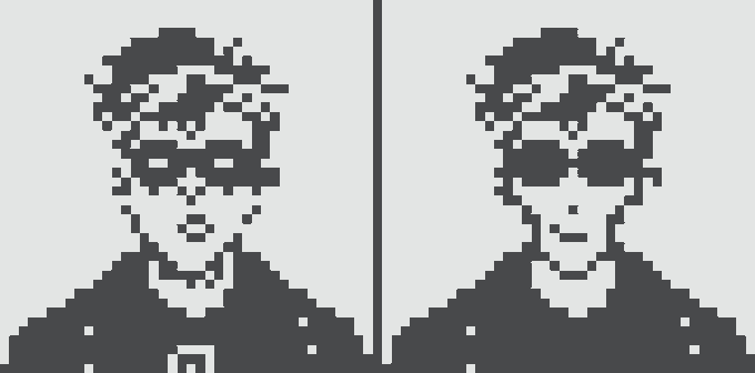 A pixelated portrait of a man with glasses, shown in two side-by-side versions highlighting subtle customization differences, with the name "KANCUNO.ETH" displayed at the bottom. The image showcases NFT #4654 from the Normies collection, where 39 pixels were modified to personalize the character's features.
