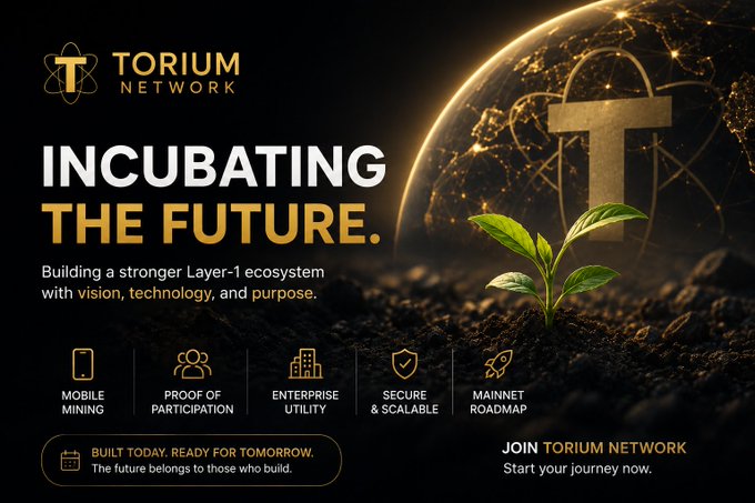 Torium Network promotional banner titled 'INCUBATING THE FUTURE' with features listed: Mobile Mining, Proof of Participation, Enterprise Utility, Secure & Scalable, and Mainnet Roadmap.