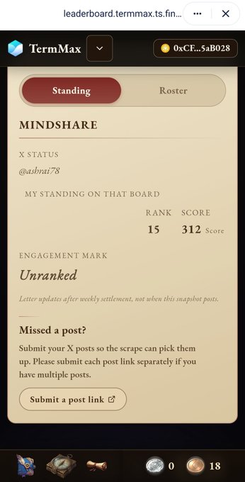 A screenshot of a TermMax leaderboard page showing 'MINDSHARE' for user @asbnat78, with a rank of 15 and a score of 312.