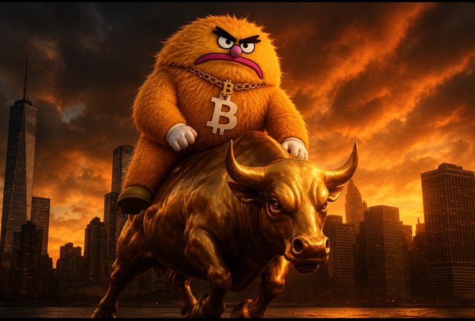 A digital artwork shows an orange furry monster wearing a Bitcoin necklace riding a golden bull against an orange cloudy sky with a city skyline, including One World Trade Center, in the background.
