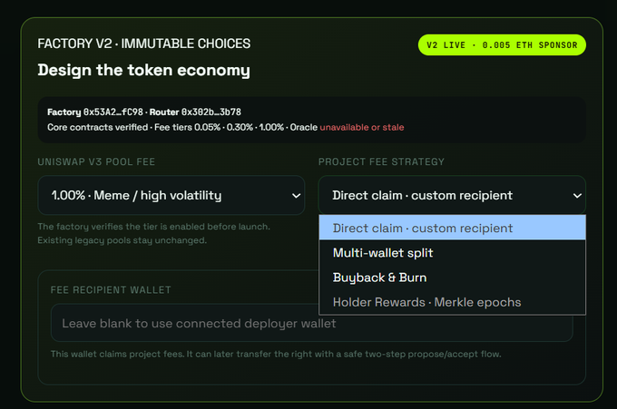 The image shows a "Factory V2 - Immutable Choices" interface for designing a token economy, displaying options for Uniswap V3 pool fees (set at 1.00% - Meme/high volatility) and an open dropdown menu for project fee strategies including direct claim, multi-wallet split, buyback & burn, and holder rewards. This appears to be the token launch platform being praised in the post for making it easy to deploy new tokens, with the Factory contracts (0x53A2...fC98 and Router 0x382b...3b78) listed at the top.