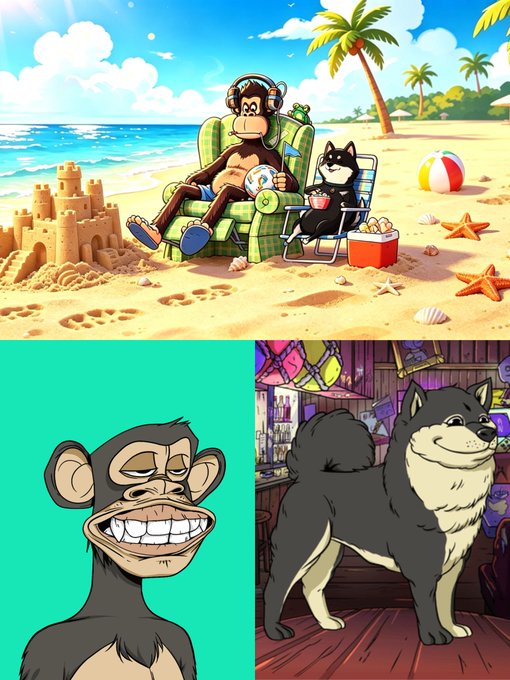 A collage of AI-generated cartoon artwork featuring a monkey and Shiba Inu dog relaxing on a beach, plus individual character portraits of the smiling monkey and the fluffy dog.
