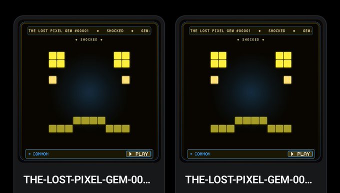 Two identical pixel art NFT cards titled 'THE LOST PIXEL GEM #00001' featuring a shocked-face design with yellow pixel eyes and mouth on a dark background, labeled as 'COMMON' rarity.