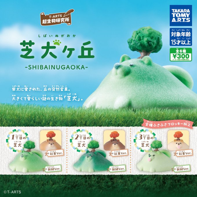 The image features an advertisement for a Shibainu Hill figurine, which is a small green animal-shaped toy that resembles a tree or bush with leaves made of clay. The figurine is displayed against a backdrop of grass and trees, creating a natural setting. The text on the post indicates that this figurine is available in four different colors: green, orange, brown, and white. It also mentions that there are three different types of Shibainu Hill figurines to choose from for purchase.