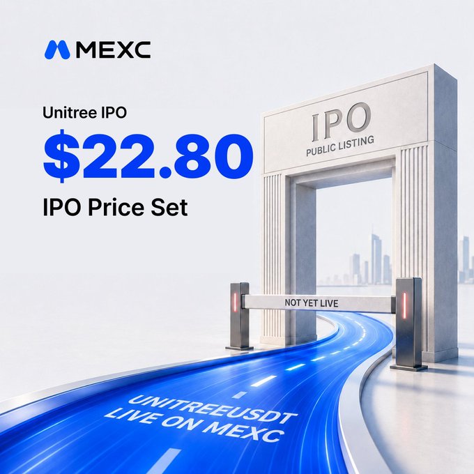 MEXC cryptocurrency exchange promotional graphic announcing 'Unitree IPO' with 'IPO Price Set' at '$22.80' and text 'UNITREEUSDT LIVE ON MEXC' on a road leading through a gate marked 'IPO PUBLIC LISTING'.
