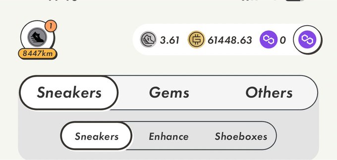 A mobile game interface displaying Sneakers/Gems/Others category tabs with currency balances showing 3.61, 61448.63, and 0.