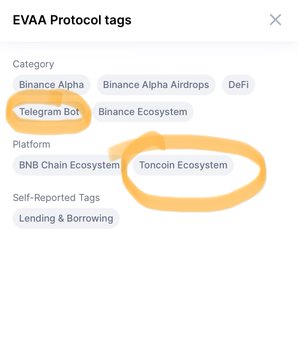 xtrp screen with a yellow circle and text, including "EVAA Protocol Tags", "Binance Alpha Airdrops", "Tether Bot", "BNB Chain Ecosystem", "Toon Coin Ecosystem", and "Self-Reported Tags".