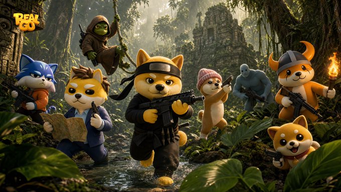 A squad of adorable meme-themed heroes—including a Shiba Inu soldier, Doge in a beanie, and other animal characters—wield weapons and explore a lush, ancient Amazon jungle with crumbling ruins in the background, perfectly capturing the adventurous and mysterious tone of "The Meme Task Force" mission. A "REAL" logo appears in the top-left corner.