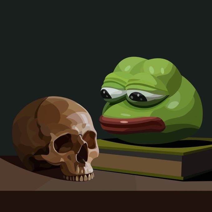 A digital illustration depicting a cartoon Pepe the Frog character sitting on a stack of books next to a human skull on a dark background.