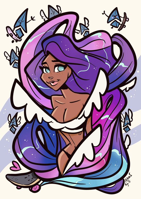 A stylized digital illustration of a woman with flowing purple and pink hair, blue eyes, and a flowing blue and purple dress, surrounded by small blue house-like creatures with wings.