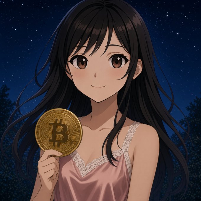 An anime-style illustration of a young woman with long dark hair holding a physical Bitcoin coin against a starry night sky background.