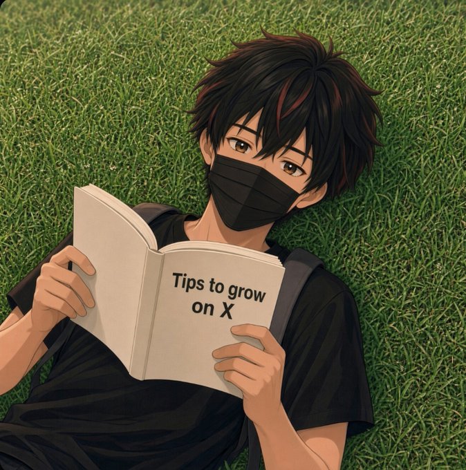 An anime-style illustration of a young man wearing a black face mask lying on grass, reading a book titled 'Tips to grow on X'.