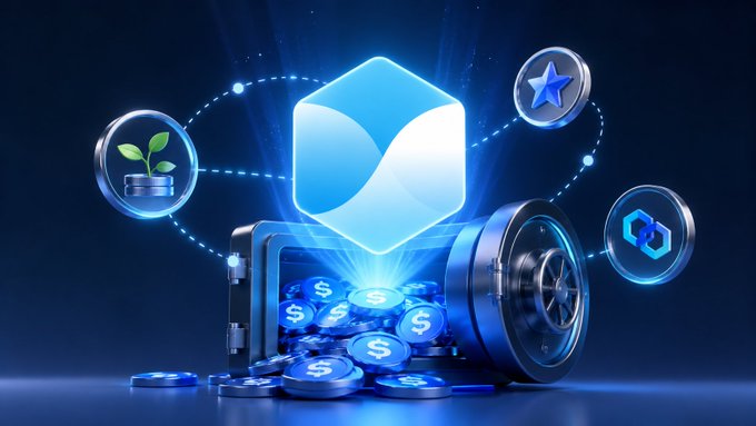 A blue-toned digital illustration of a glowing safe/vault filled with dollar coins, surrounded by floating icons including a star, plant, and hexagonal symbols.