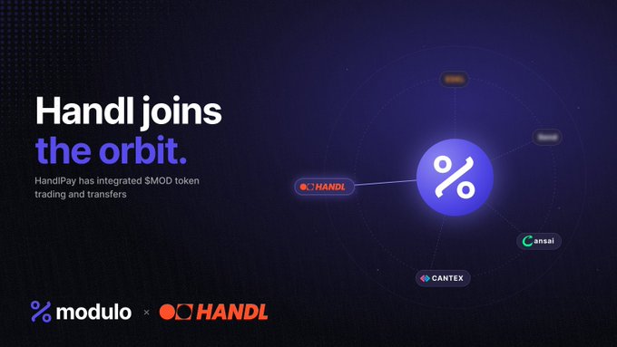 The image shows an advertisement for Modulo Finance featuring a blue background with white text that reads "Handl connects hands the orbit. Handl has integrated SMO trading & transactions. Handl has been registered & whitelisted as per the terms below". There are three arrows, one pointing to a blue circle and two more arrows pointing to the numbers 50 and 100 on the image. These numbers represent the maximum and minimum amount of points users can earn. The text "Playing couple games a day to rack up Points and climb my way up the Leaderboard." suggests that Modulo Finance is encouraging users to play and accumulate points, potentially for trading and investing purposes.