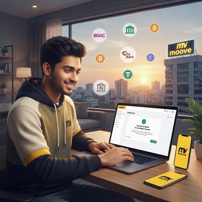 A young man working on a laptop in a modern apartment with a city skyline view, surrounded by floating icons representing banks (BRAC, City Bank) and cryptocurrencies (Bitcoin, Tether), suggesting a fintech/digital banking platform.