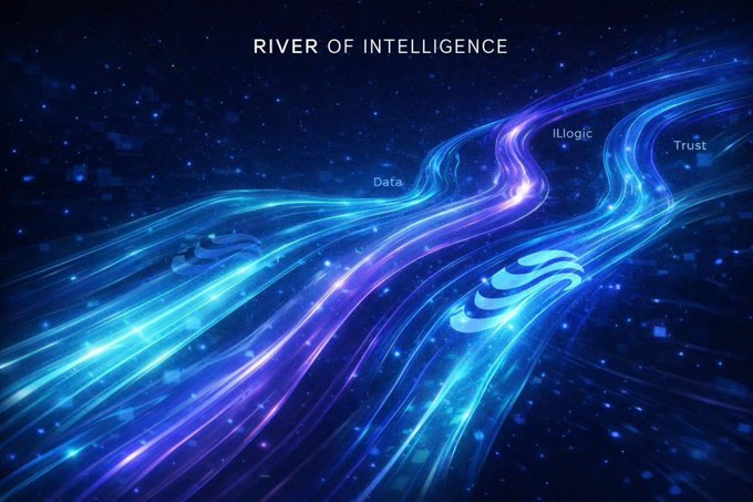 A glowing cosmic river labeled "RIVER OF INTELLIGENCE" flows with streams marked "Data," "Illogic," and "Trust," visually echoing the post's idea that on-chain stablecoins circulate endlessly without ever being truly "spent"—they move like illuminated currents of activity rather than functioning as money that leaves the system.