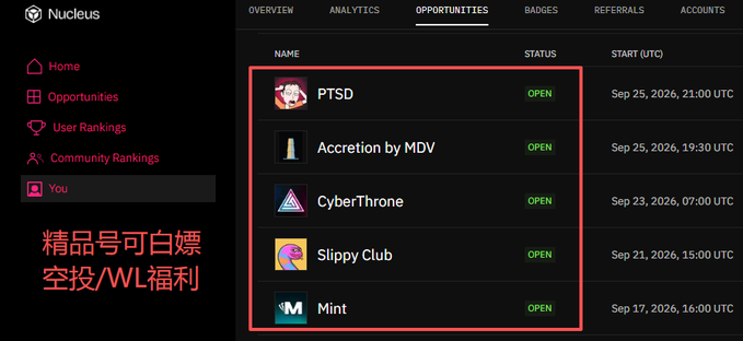 A screenshot of the Nucleus platform showing an 'Opportunities' tab with listed projects including PTSD, Accretion by MDV, CyberThrone, Slippy Club, and Mint, all marked as 'OPEN', with Chinese text noting airdrop/WL benefits.