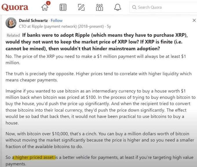 This Quora post by David Schwartz, CTO at Ripple, discusses how a higher priced asset like XRP could be a better vehicle for high-value payments, justifying the $1,000,000/$XRP price prediction. The image supports the accompanying post's claim that trillions in global capital are expected to flow into the XRP Ledger.