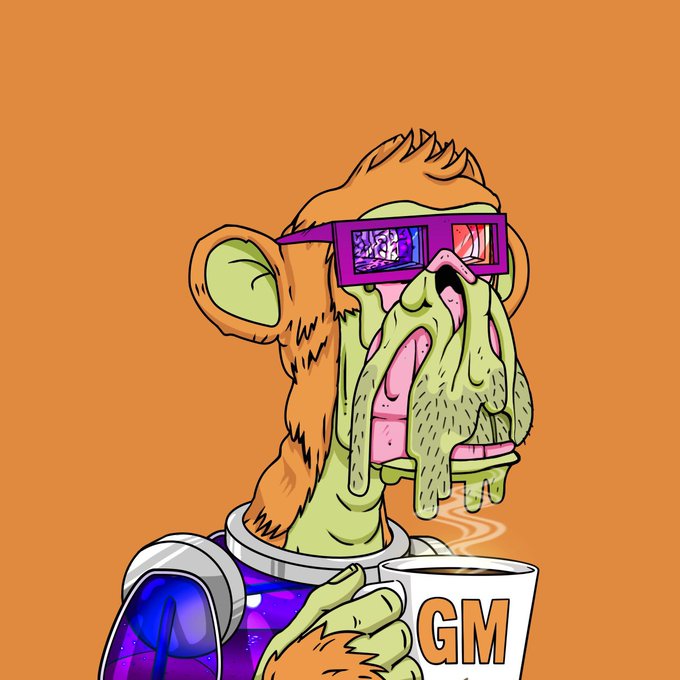 A cartoon illustration of a green alien monkey with a melting face, wearing futuristic sunglasses and a purple galaxy-patterned outfit, holding a coffee mug labeled 'GM' on an orange background.