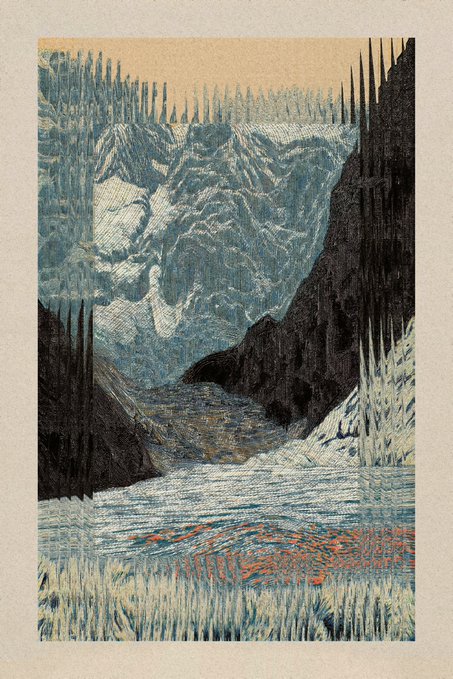 A surreal artistic illustration of a mountainous landscape where a face appears to be carved into the rocky cliff face overlooking a river or icy terrain.