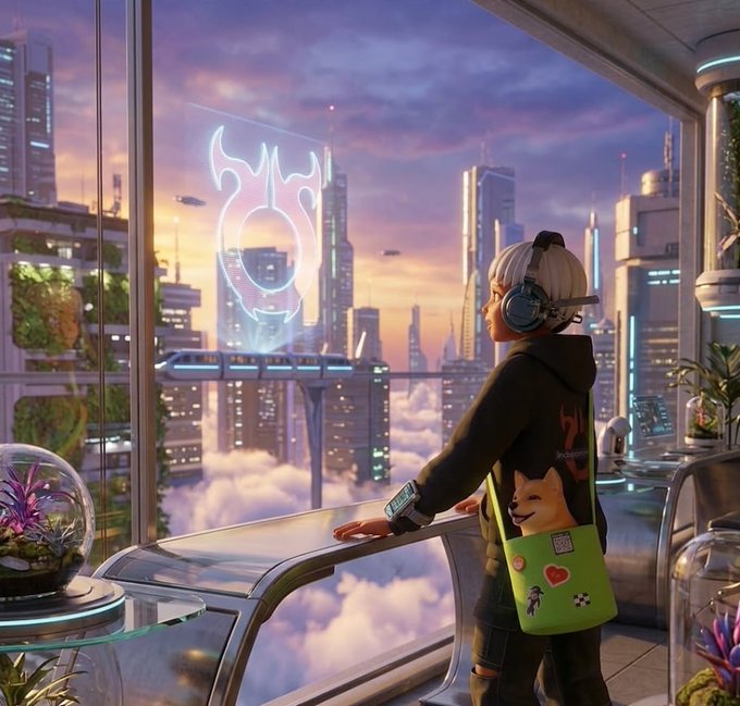 A Shiba Inu-themed avatar with a "Pay X" sticker on its jacket gazes out at a futuristic neon-lit cityscape featuring a glowing Shiba logo hologram, symbolizing optimism and anticipation for a payday milestone in the Lunar New Year post.