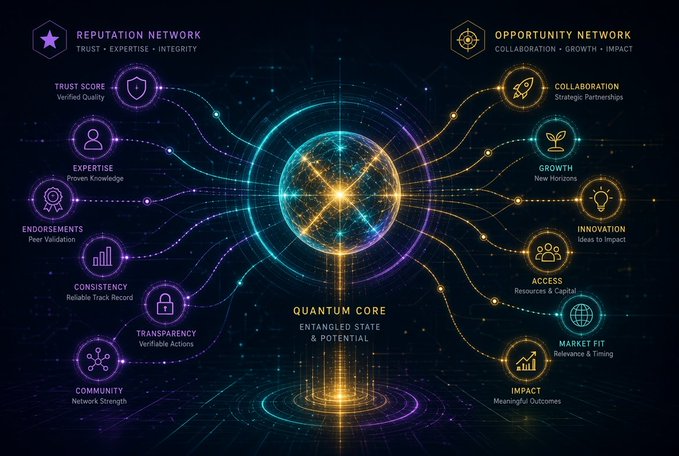 A glowing dual-network framework radiates from a central "QUANTUM CORE" labeled "ENTANGLED STATE & POTENTIAL," connecting a purple "REPUTATION NETWORK" (Trust Score, Expertise, Endorsements, Consistency, Transparency, Community) on the left with a golden "OPPORTUNITY NETWORK" (Collaboration, Growth, Innovation, Access, Market Fit, Impact) on the right—visually echoing the post's theme of replacing empty web3 noise with verifiable reputation and meaningful opportunity.
