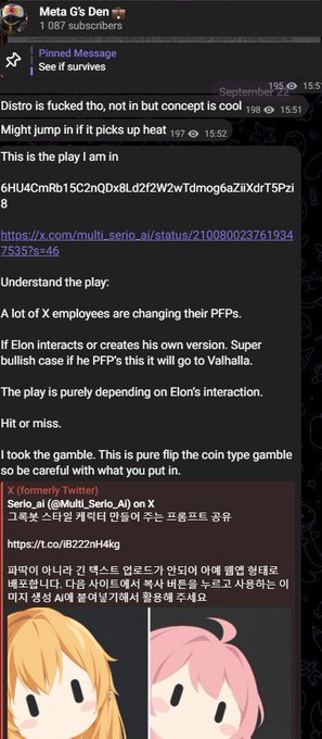 A Discord message from 'Meta G's Den' discussing a speculative play involving Elon, PFPs, and Valhalla, referencing an X (Twitter) post.