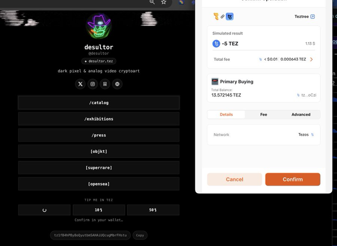 A webpage for 'desultor' with the description 'dark pixel & analog video cryptoart' alongside a Tezos cryptocurrency purchase pop-up showing a simulated result of '-5 TEZ' and a total fee.