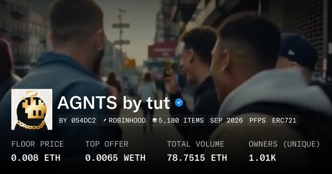 The image shows an OpenSea listing for the "AGNTS by tut" collection (by 054DC2), displaying a floor price of 0.008 ETH, a top offer of 0.0065 WETH, total volume of 78.7515 ETH, and 1.01K unique owners, which directly supports the post's argument that AGNTS is undervalued with a current top offer matching the 0.0065 WETH price point the author highlights as a potential arbitrage opportunity.